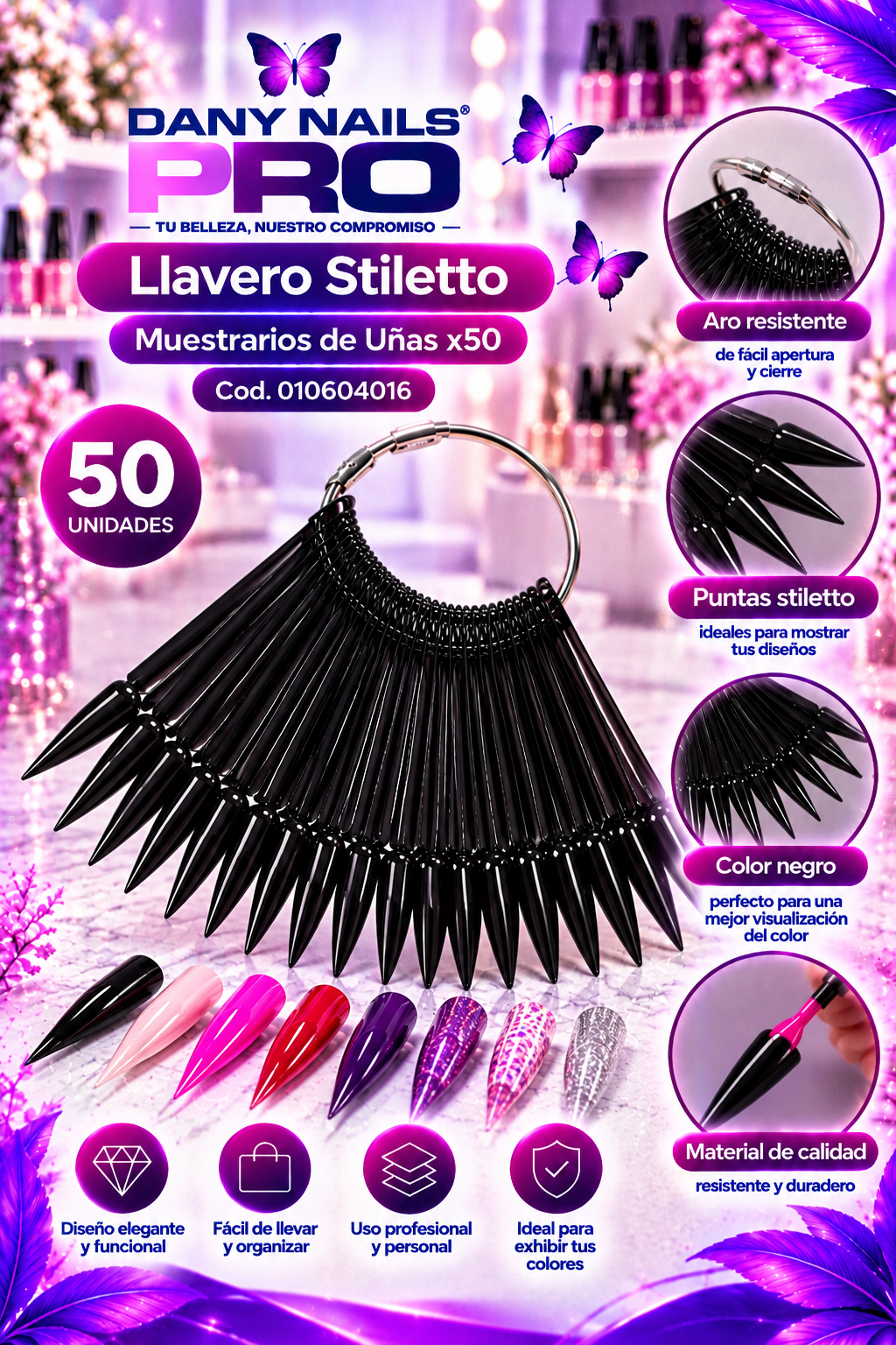 Llavero Stiletto de Muestrarios de Uñas x50 — Negro