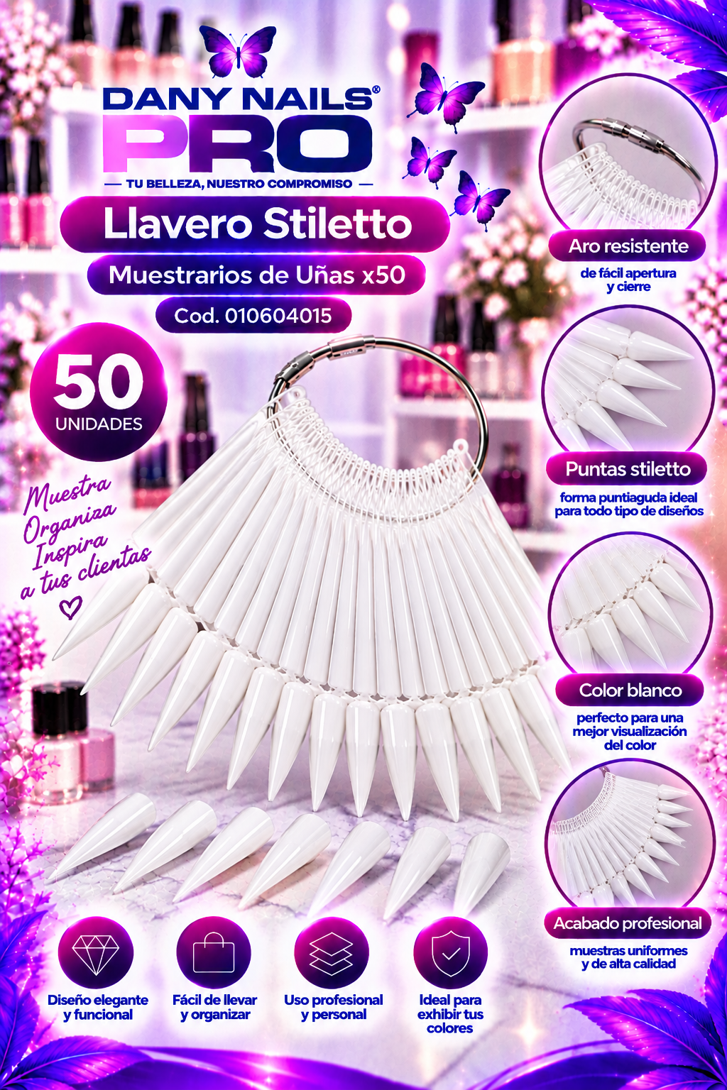 Llavero Stiletto de Muestrarios de Uñas Blanco x50