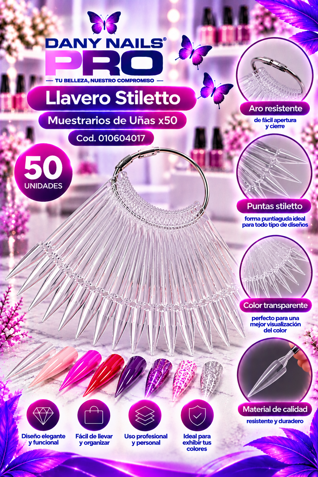 Llavero Stiletto de Muestrarios de Uñas Transparente x50
