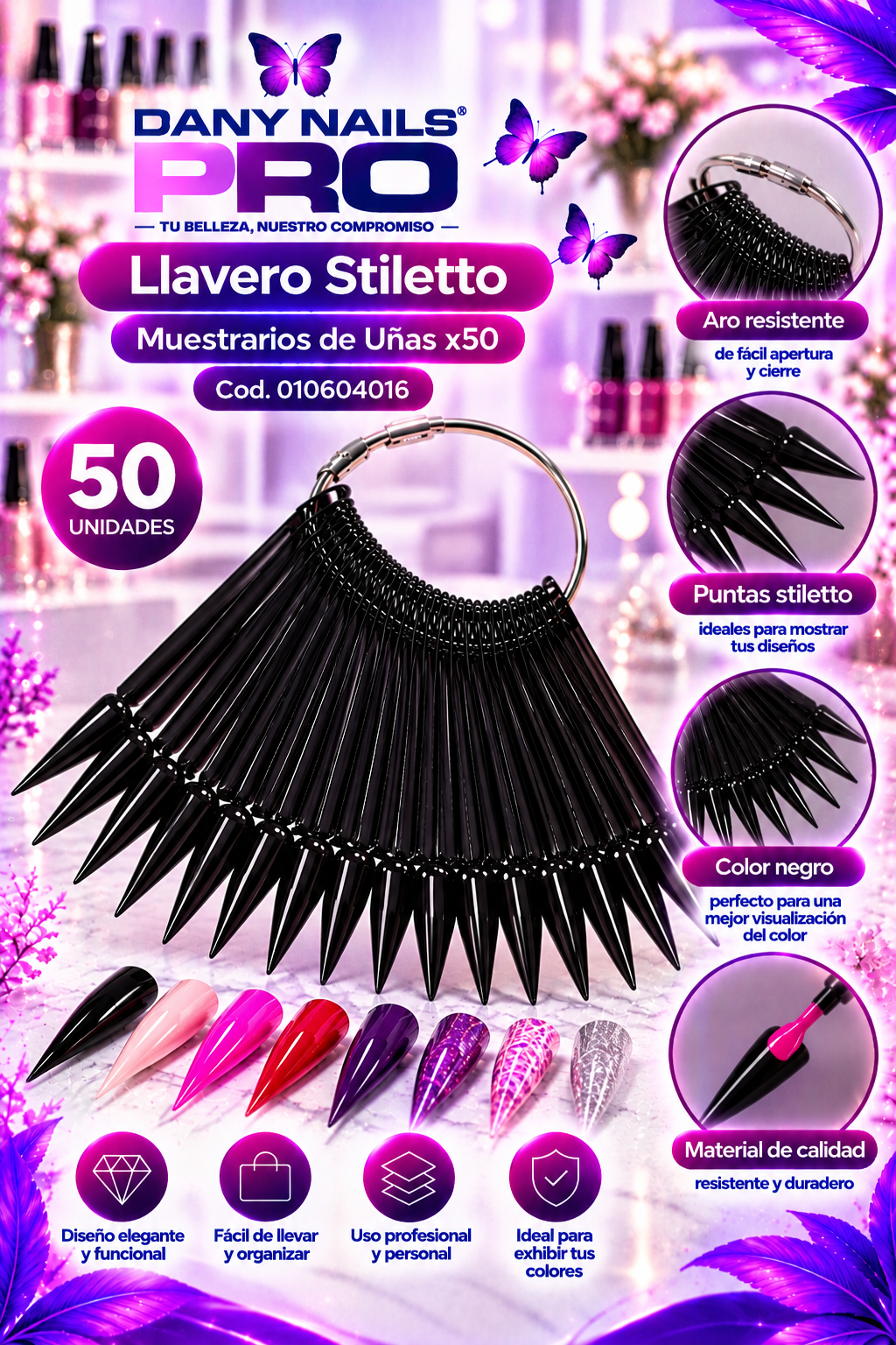 Llavero Stiletto de Muestrarios de Uñas x50 — Negro
