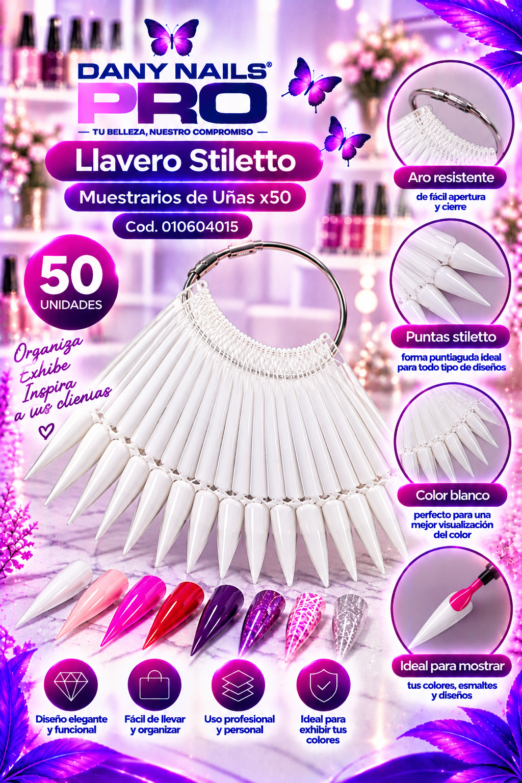 Llavero Stiletto de Muestrarios de Uñas Blanco x50