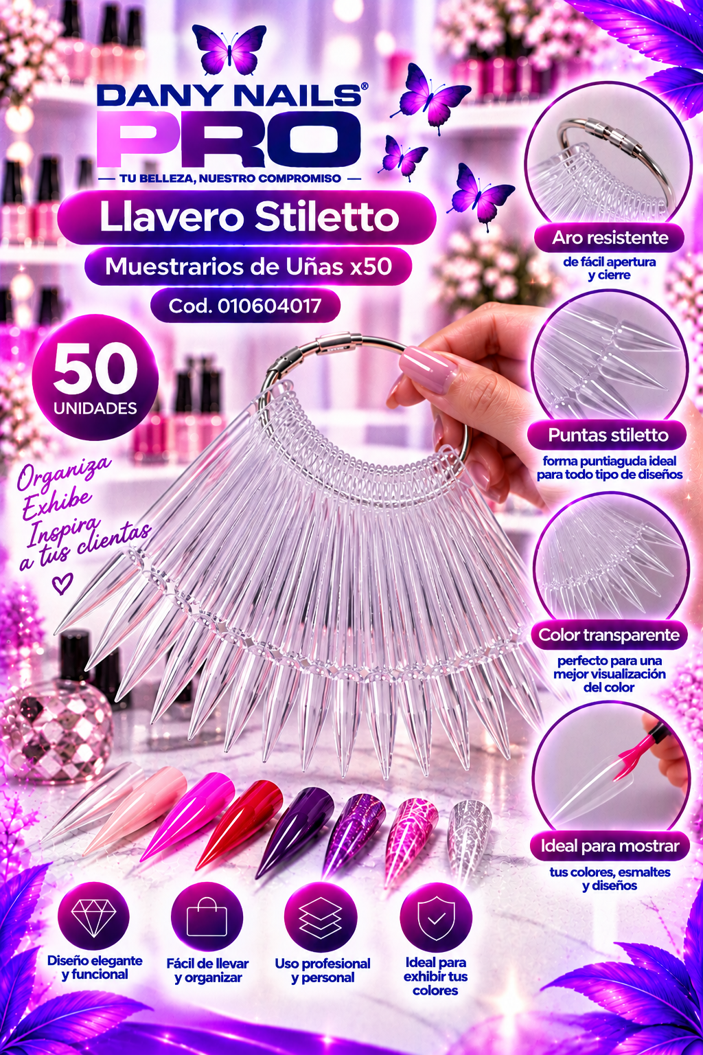 Llavero Stiletto de Muestrarios de Uñas Transparente x50