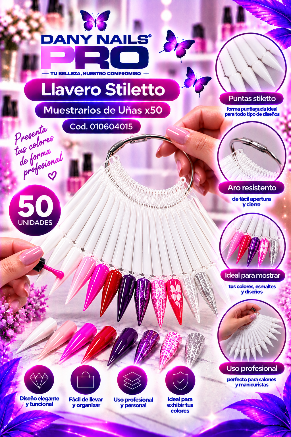 Llavero Stiletto de Muestrarios de Uñas Blanco x50