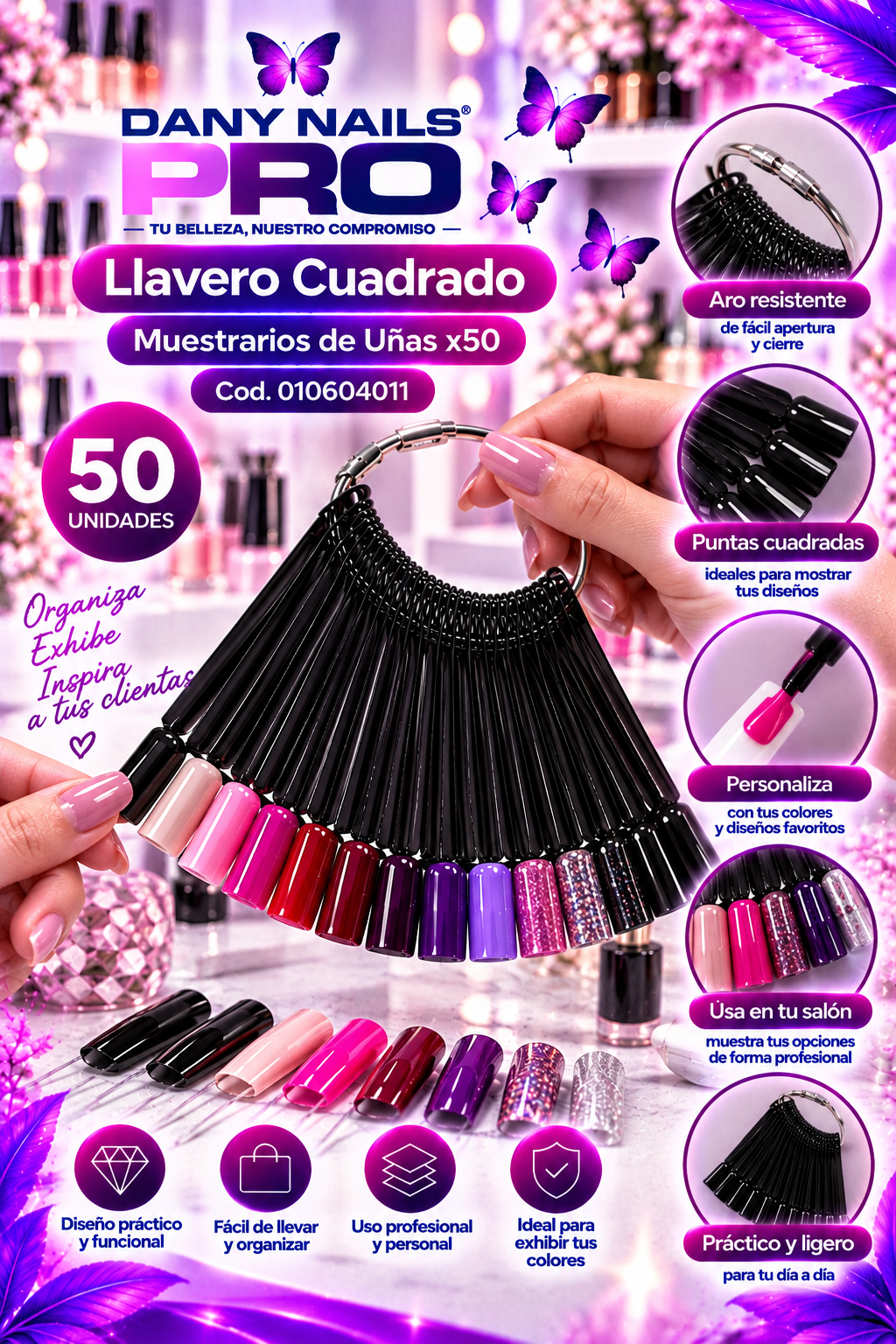Llavero Cuadrado de Muestrarios de Uñas Negro x50
