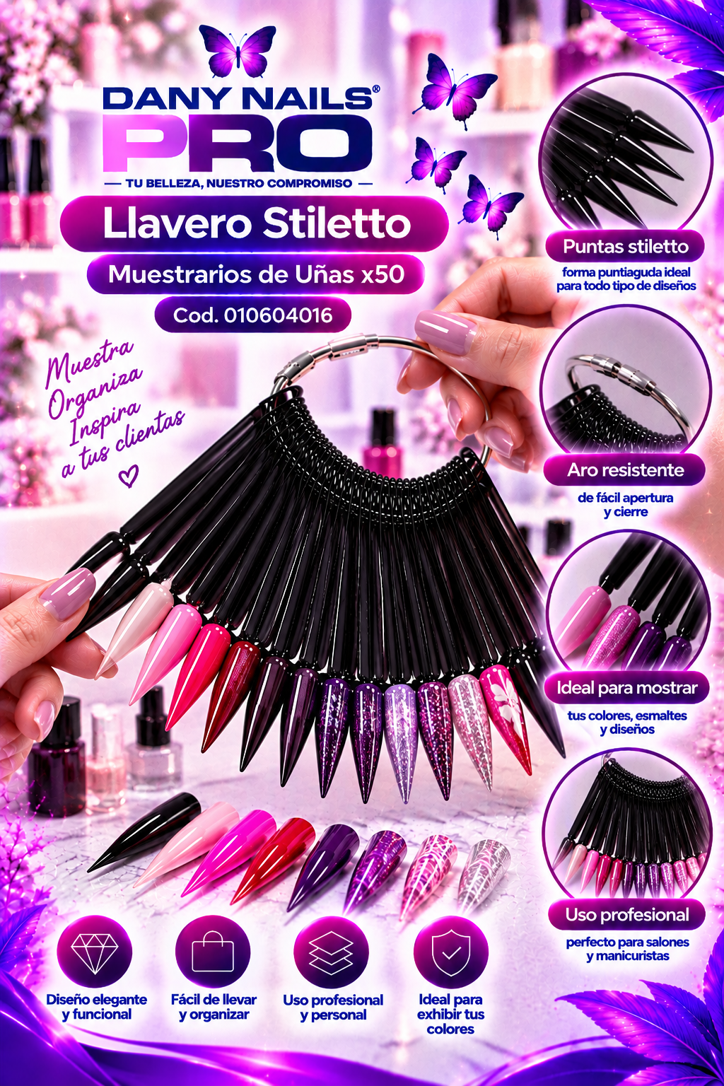 Llavero Stiletto de Muestrarios de Uñas x50 — Negro