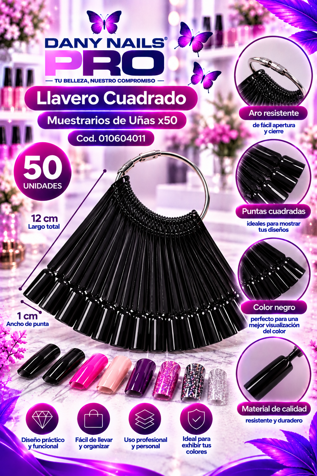 Llavero Cuadrado de Muestrarios de Uñas Negro x50